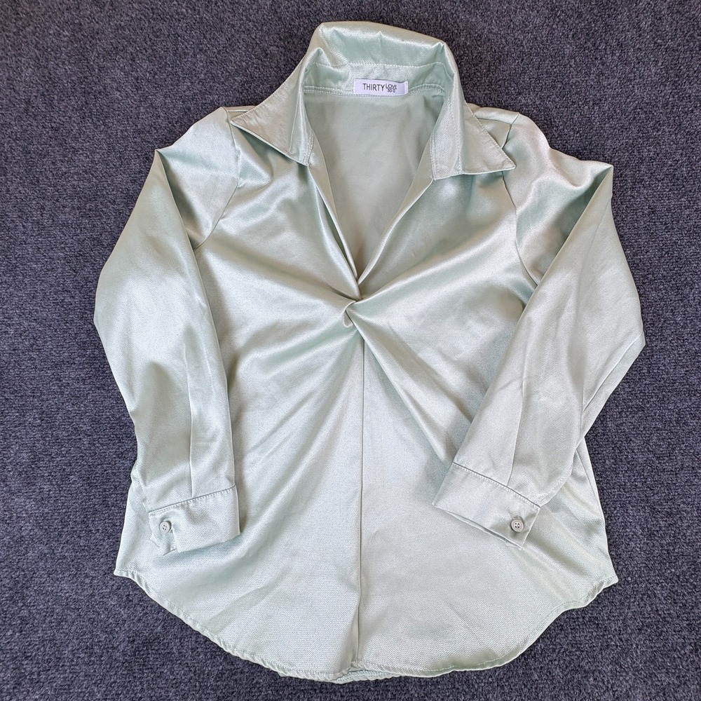 Thirty Love 30-0 Blouse Top Womens XL Mint Green Satin Twist Front LS READ